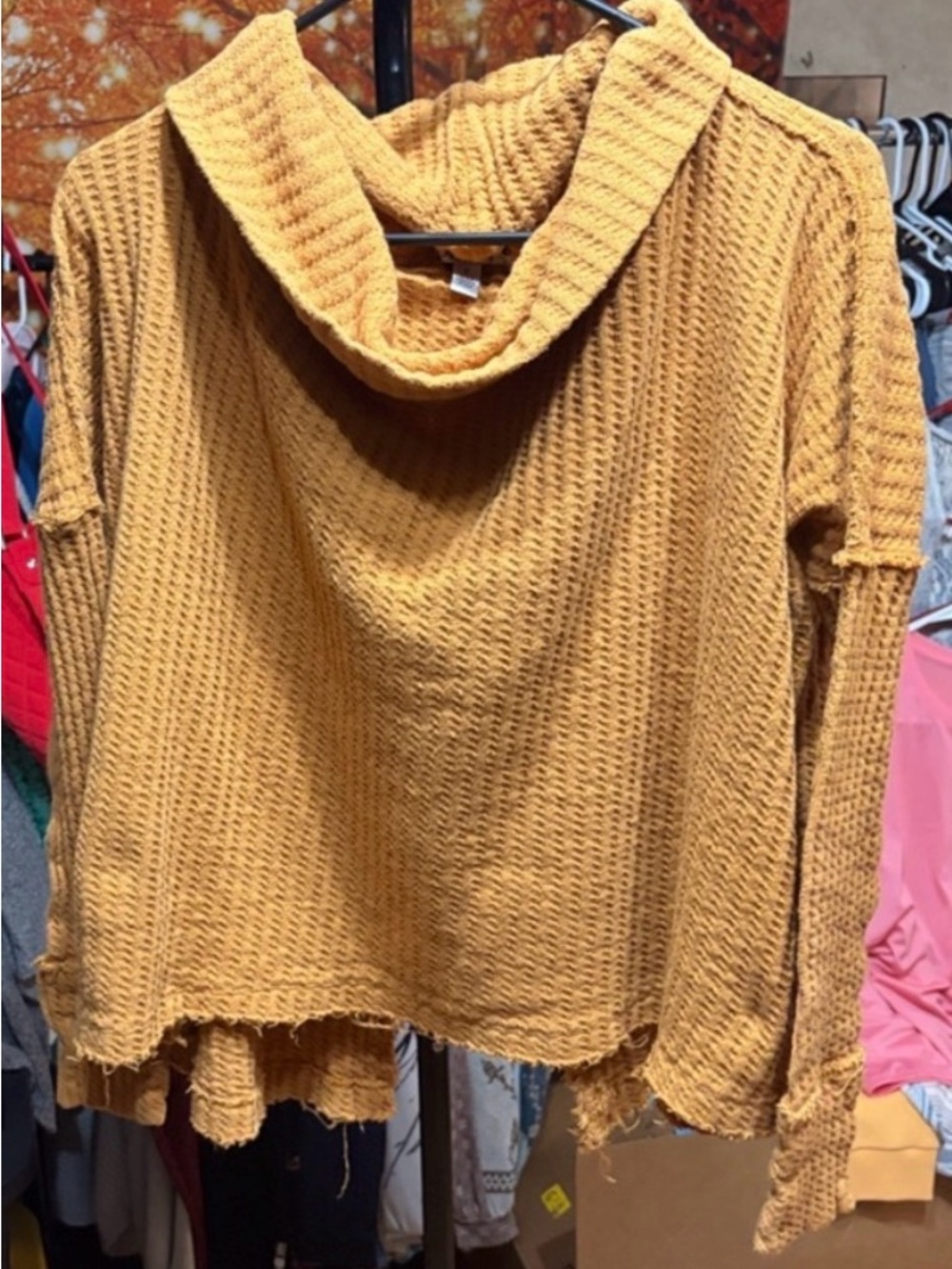 🌼 Free People Mustard Yellow Cowl Neck Distressed Waffle Knit Sweater | Small ✨🌼